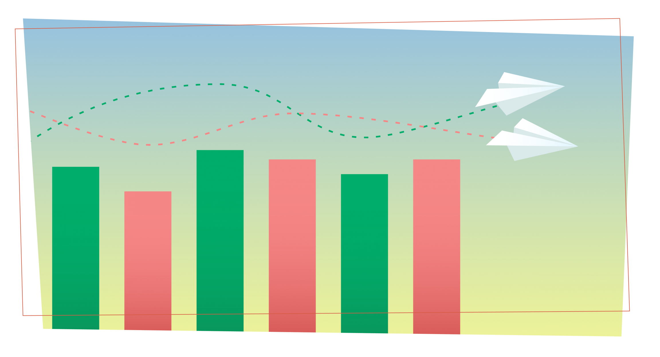two paper planes have intersecting paths as they fly over a bar chart with red and green bars